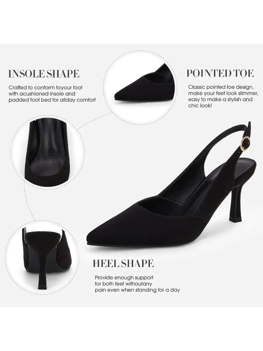Women's Black Suede Faux Leather Slingback Pointed Toe Backless Wedding Pumps - Picture 4 of 5